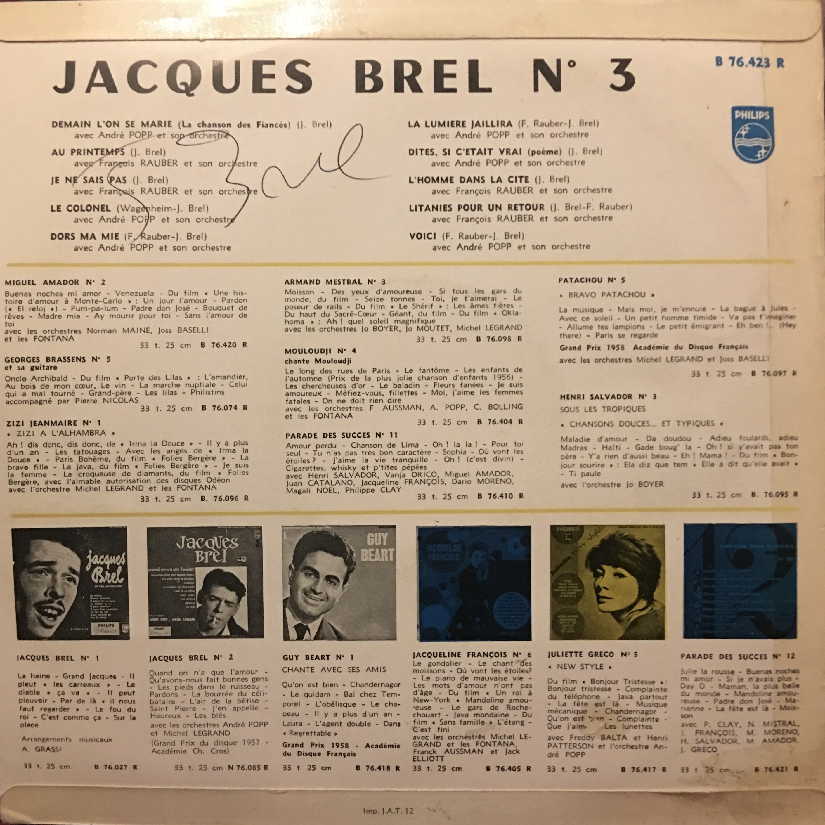 Jacques Brel Vinyl Album - No. 3 - Demain L'On Se Marie - Signed